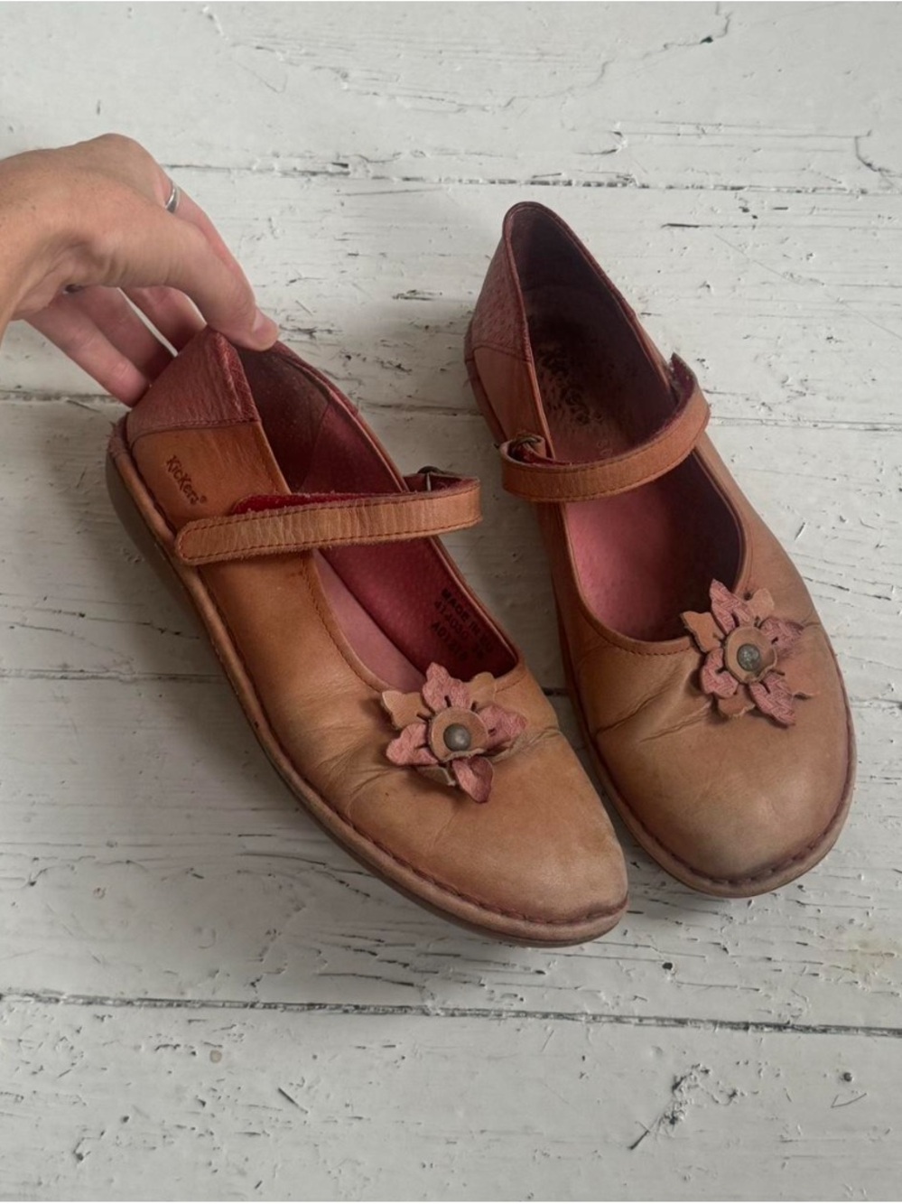 Women's Tan Leather Mary Jane Flats with Floral Accent